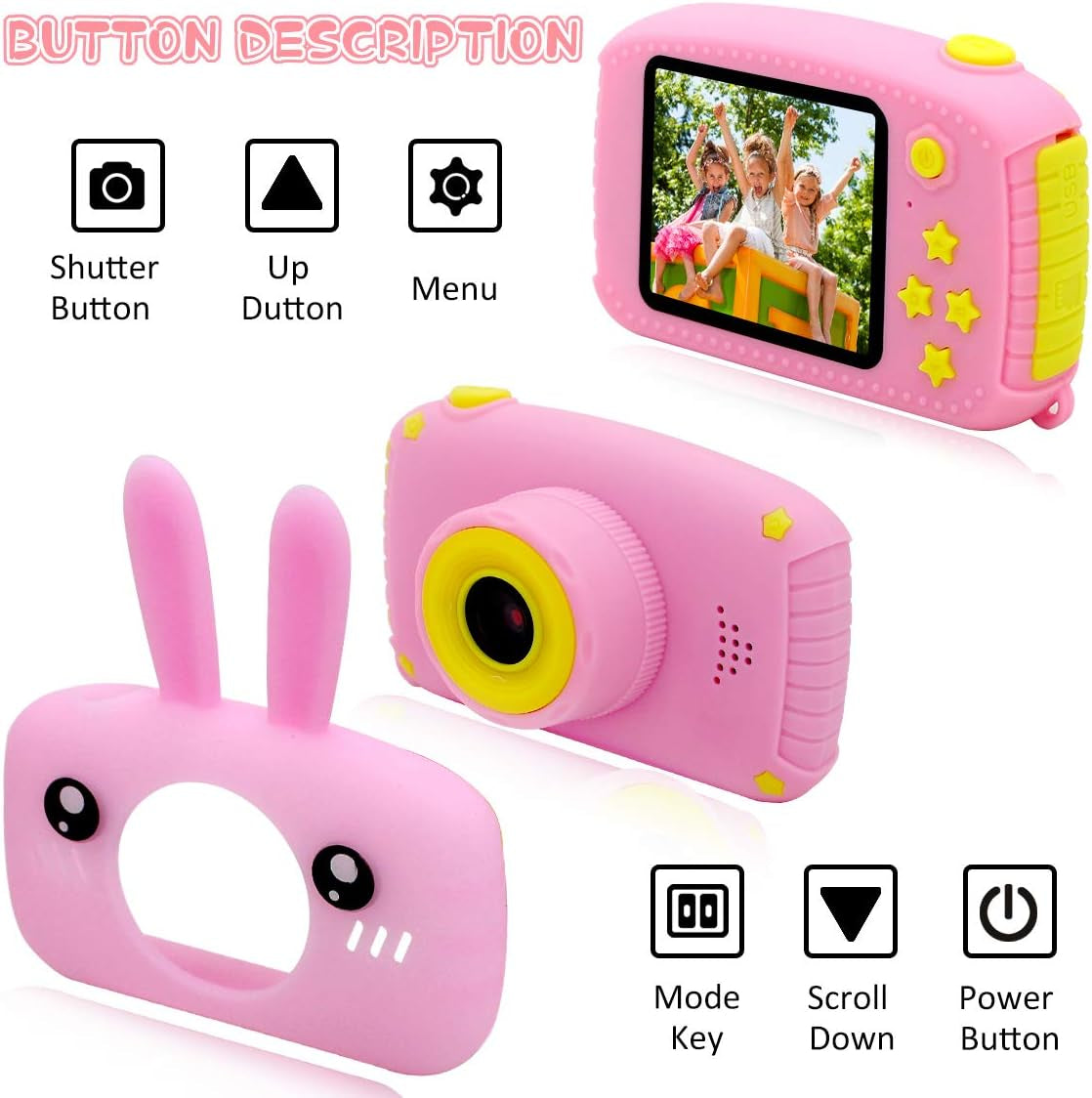 Aparat foto digital pentru copii, Roz, 1080P 30fps, LCD display 2.0", 600 mAh, Jocuri, Temporizator, Constructie durabila, ABS/Silicon