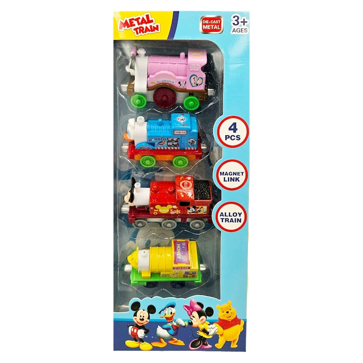 Set 4 locomotive metalice cu magnet, Cartoon Train, Metal, 8 cm, Multicolor - xStoc