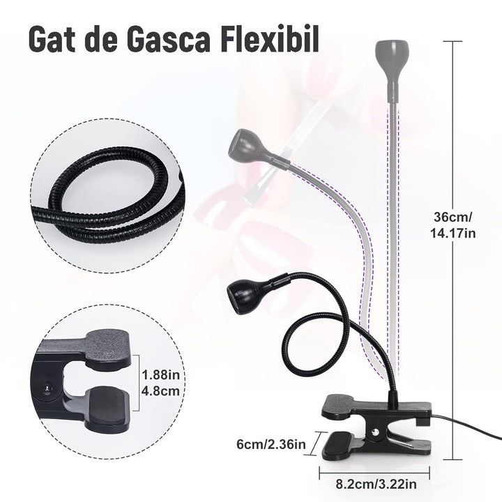 Lampa UV/LED mini Fast Lamp, Uscare rapida si fara maini negre, pentru manichiura si pedichiura,360°unghi liber reglabil,1,5 metri cu buton ON/OFF, Negru
