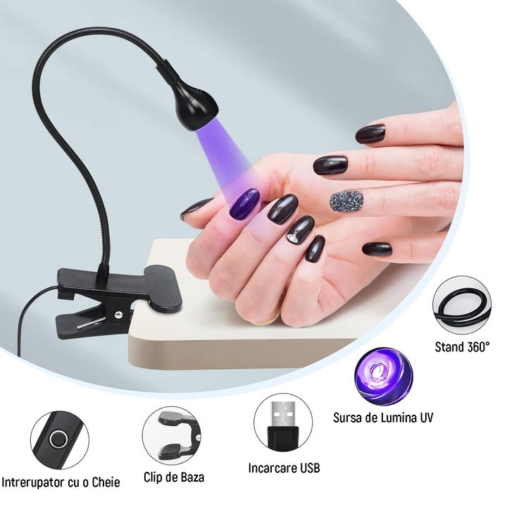 Lampa UV/LED mini Fast Lamp, Uscare rapida si fara maini negre, pentru manichiura si pedichiura,360°unghi liber reglabil,1,5 metri cu buton ON/OFF, Negru