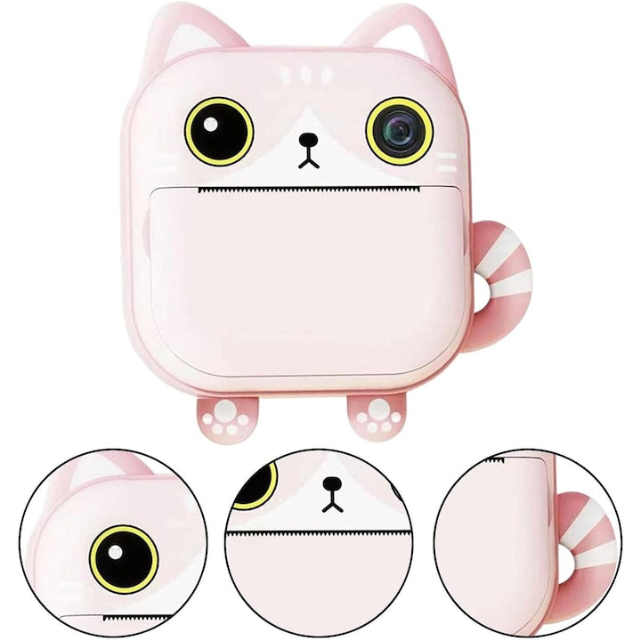 Aparat foto copii cu functie de printare, model Pisica, Rezolutie 24Mpx 1080P, Dual Camera Fata-Spate, Functie SELFIE, Display LCD Color 2.4", 3 role hartie incluse, Carioci si Stickere Colorate, Roz