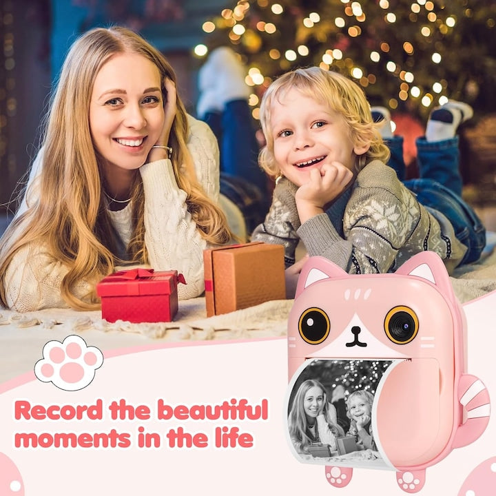 Aparat foto copii cu functie de printare, model Pisica, Rezolutie 24Mpx 1080P, Dual Camera Fata-Spate, Functie SELFIE, Display LCD Color 2.4", 3 role hartie incluse, Carioci si Stickere Colorate, Roz