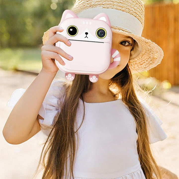 Aparat foto copii cu functie de printare, model Pisica, Rezolutie 24Mpx 1080P, Dual Camera Fata-Spate, Functie SELFIE, Display LCD Color 2.4", 3 role hartie incluse, Carioci si Stickere Colorate, Roz
