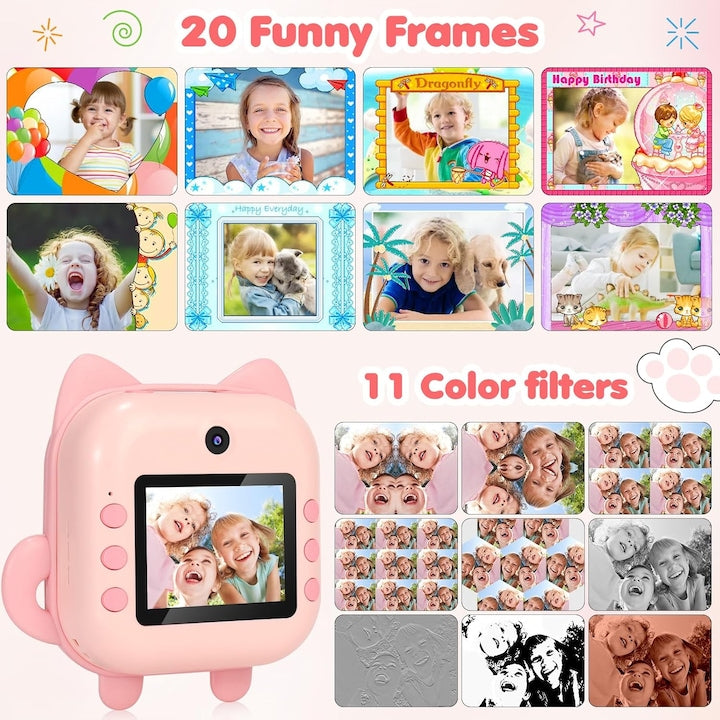 Aparat foto copii cu functie de printare, model Pisica, Rezolutie 24Mpx 1080P, Dual Camera Fata-Spate, Functie SELFIE, Display LCD Color 2.4", 3 role hartie incluse, Carioci si Stickere Colorate, Roz