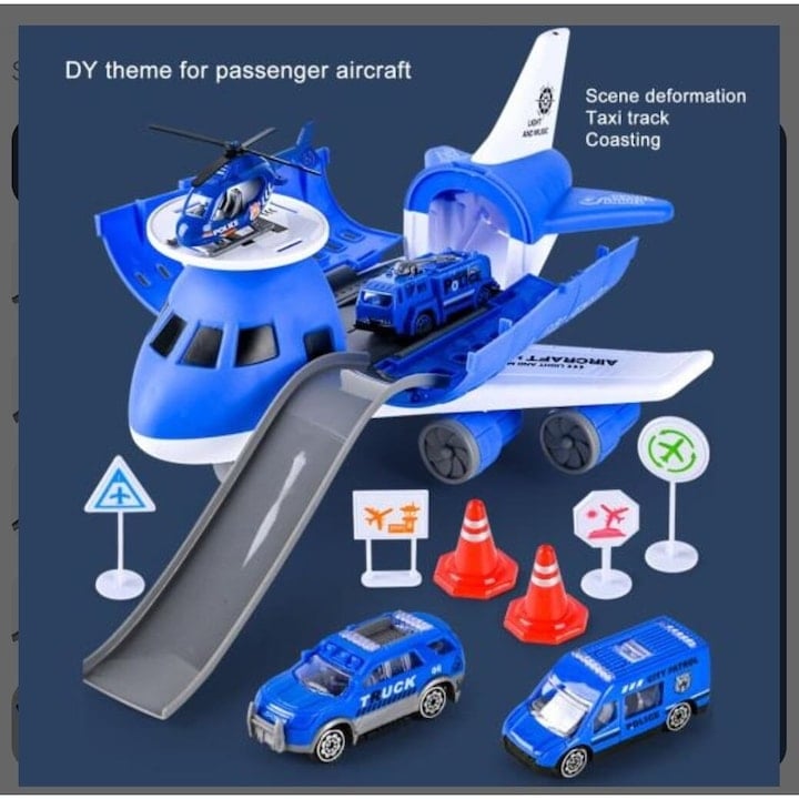 Avion cargo albastru cu 3 masinute, un elicopter, pista si semne de circulatie - xStoc
