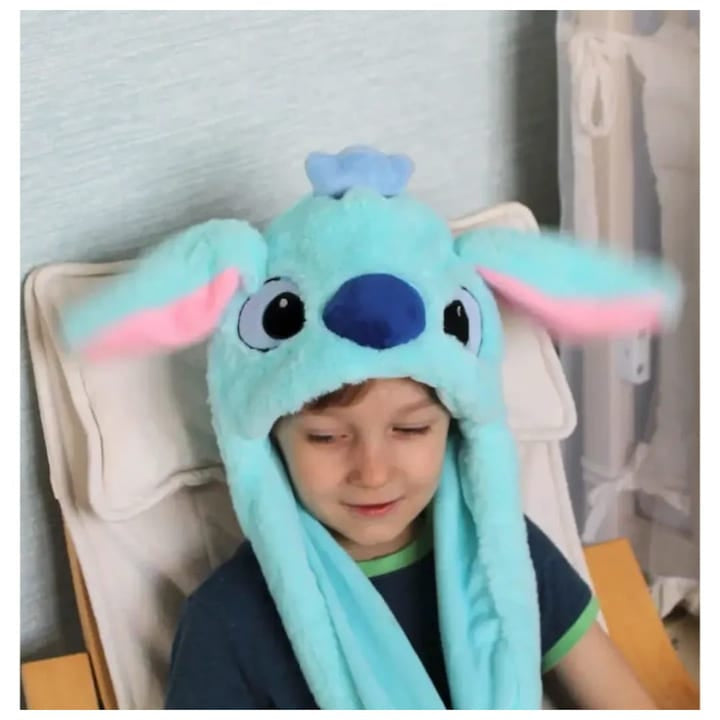 Caciula pentru copii, model Stitch, leduri si miscari din urechi, albastru