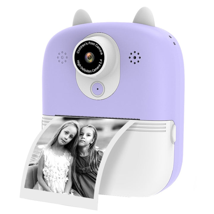 Camera foto instanta pentru copii, model SRP2, functii foto, video, printare, un joc integrat, MP3, mod selfie, 3 role de printare, 28 rame integrate, USB type-C, mov - xStoc
