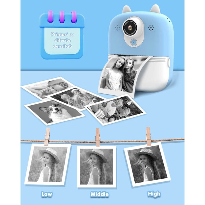 Camera foto instanta pentru copii, model SRP2, functii foto, video, printare, un joc integrat, MP3, mod selfie, 3 role de printare, 28 rame integrate, USB type-C, mov - xStoc
