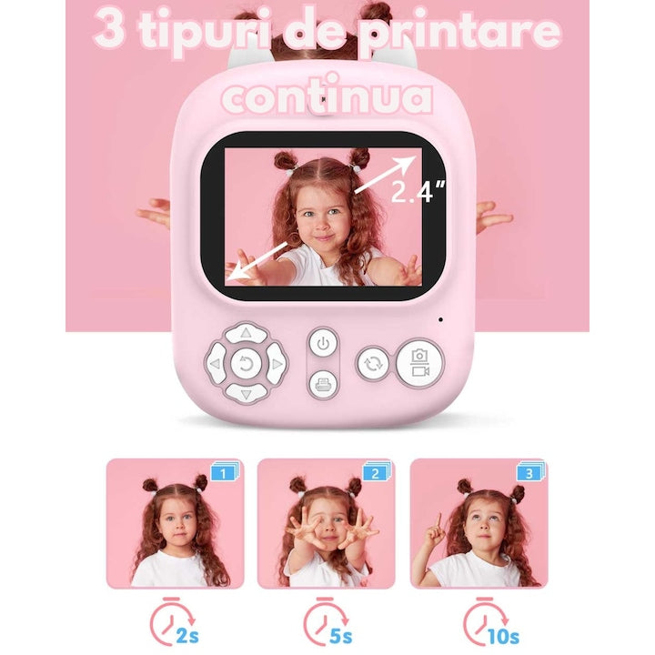 Camera foto instanta pentru copii, model SRP2, functii foto, video, printare, un joc integrat, MP3, mod selfie, 3 role de printare, 28 rame integrate, USB type-C, mov - xStoc