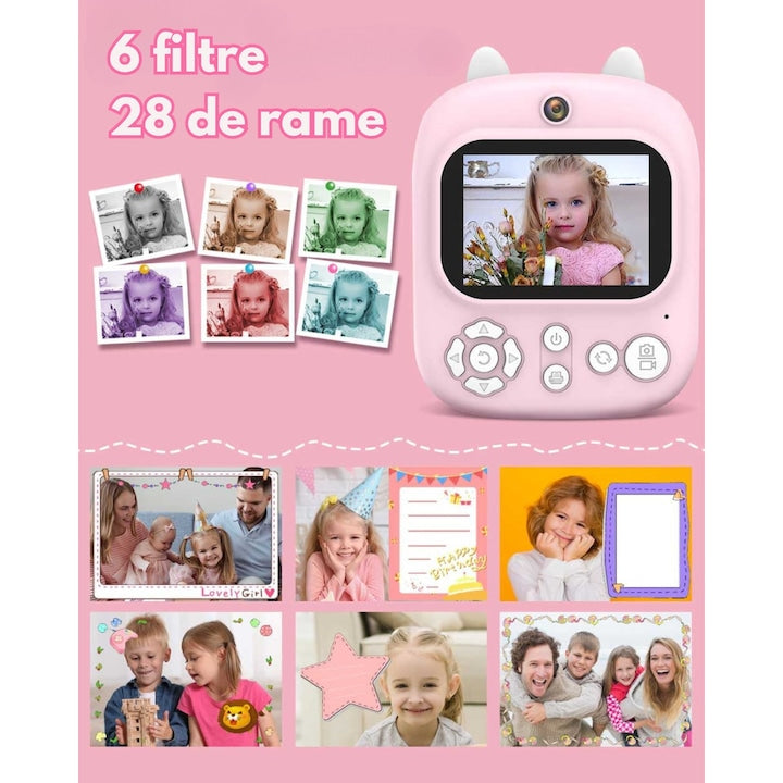 Camera foto instanta pentru copii, model SRP2, functii foto, video, printare, un joc integrat, MP3, mod selfie, 3 role de printare, 28 rame integrate, USB type-C, mov - xStoc