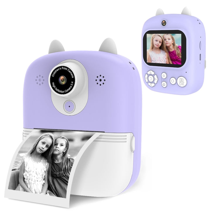 Camera foto instanta pentru copii, model SRP2, functii foto, video, printare, un joc integrat, MP3, mod selfie, 3 role de printare, 28 rame integrate, USB type-C, mov - xStoc
