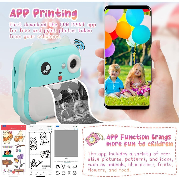 Camera instantanee pentru copii Aparat foto copii cu functie de printare, 3 role hartie incluse 57x27mm, cablu USB-C, Bluetooth, compatibil iOS/Android, imprimare APP, Turcoaz -xStoc