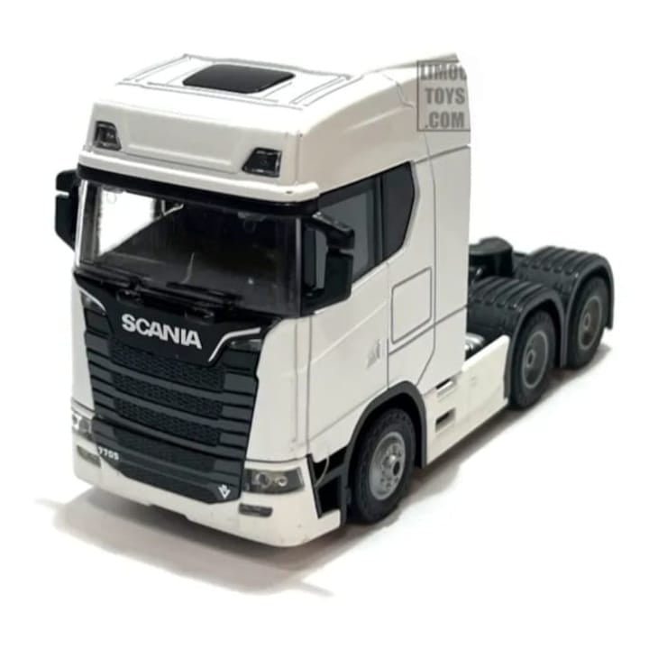 Camion metalic, tip Scania, scara 1:32, cabina rebatabila, lumini si sunete, alb, 13 cm