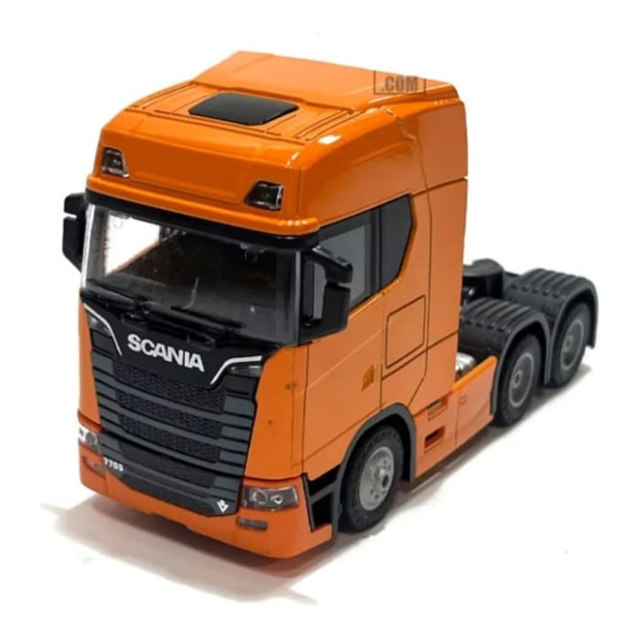 Camion metalic, tip Scania, scara 1:32, cabina rebatabila, lumini si sunete, Portocaliu, 13 cm