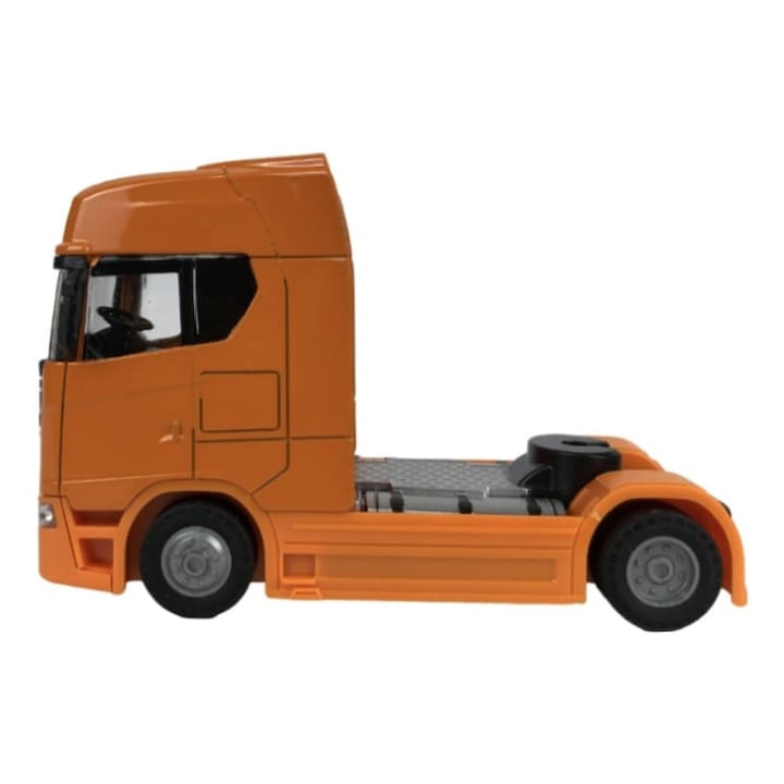 Camion metalic, tip Scania, scara 1:32, cabina rebatabila, lumini si sunete, Portocaliu, 13 cm