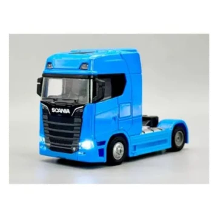 Camion metalic, tip Scania T770S, scara 1:32, cabina rebatabila, lumini si sunete, albastru, 13 cm