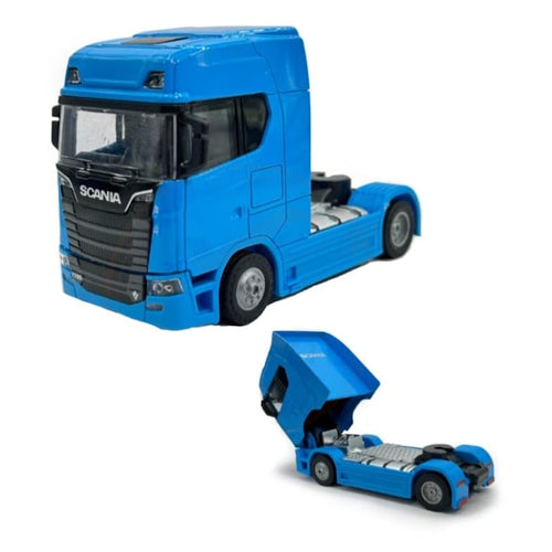 Camion metalic, tip Scania T770S, scara 1:32, cabina rebatabila, lumini si sunete, albastru, 13 cm