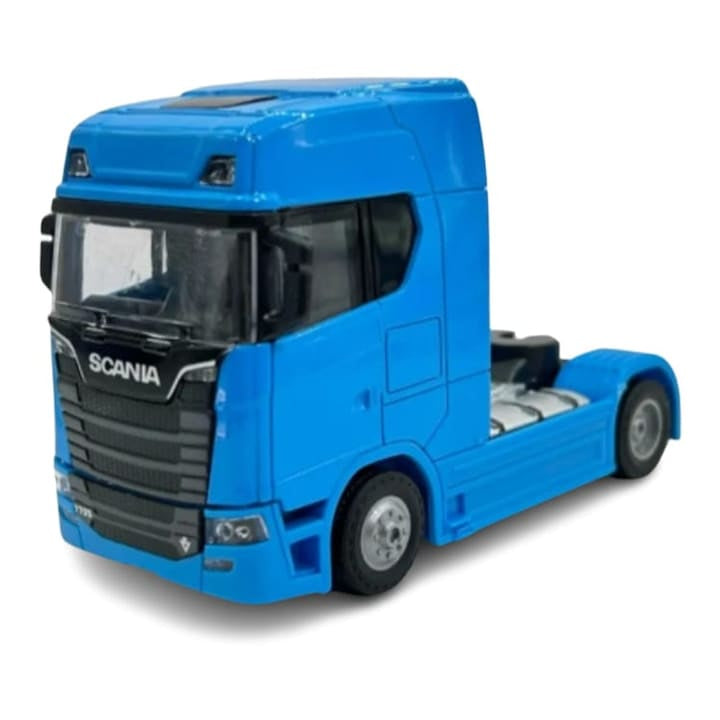 Camion metalic, tip Scania T770S, scara 1:32, cabina rebatabila, lumini si sunete, albastru, 13 cm