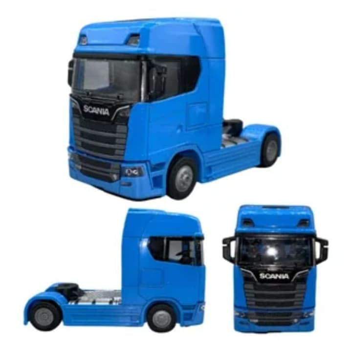 Camion metalic, tip Scania T770S, scara 1:32, cabina rebatabila, lumini si sunete, albastru, 13 cm
