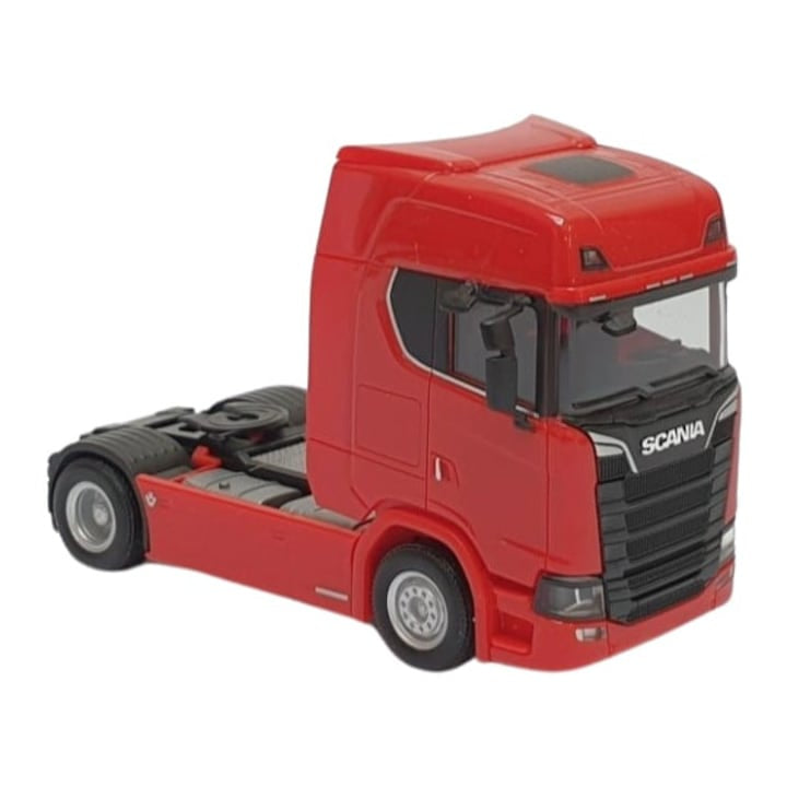 Camion metalic, tip Scania T770S, scara 1:32, cabina rebatabila, lumini si sunete, rosu, 13 cm