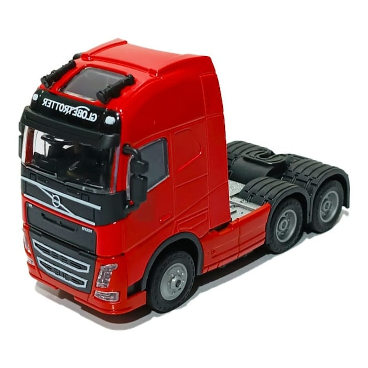 Camion metalic, tip Volvo FH, scara 1:32, cabina rebatabila, lumini si sunete, rosu, 13 cm
