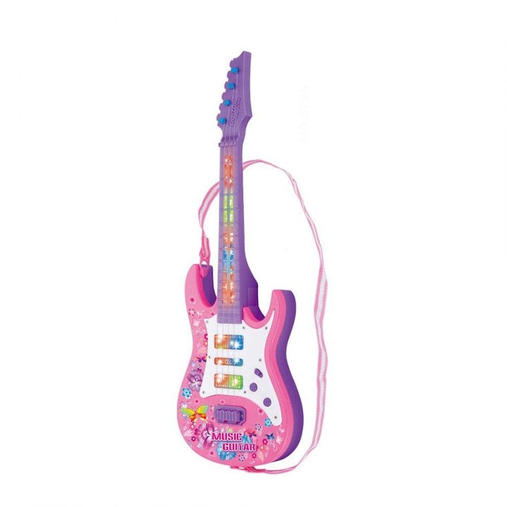 Chitara Electrica, Destinata pentru Copii, Dimensiune 52 cm, Lumini Atractive, Accesorii Incluse, Roz - xStoc