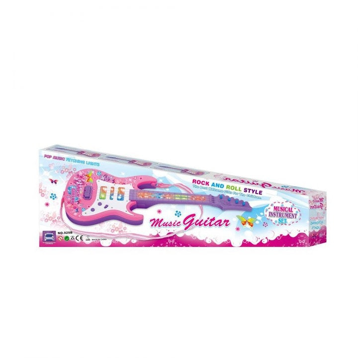 Chitara Electrica, Destinata pentru Copii, Dimensiune 52 cm, Lumini Atractive, Accesorii Incluse, Roz - xStoc