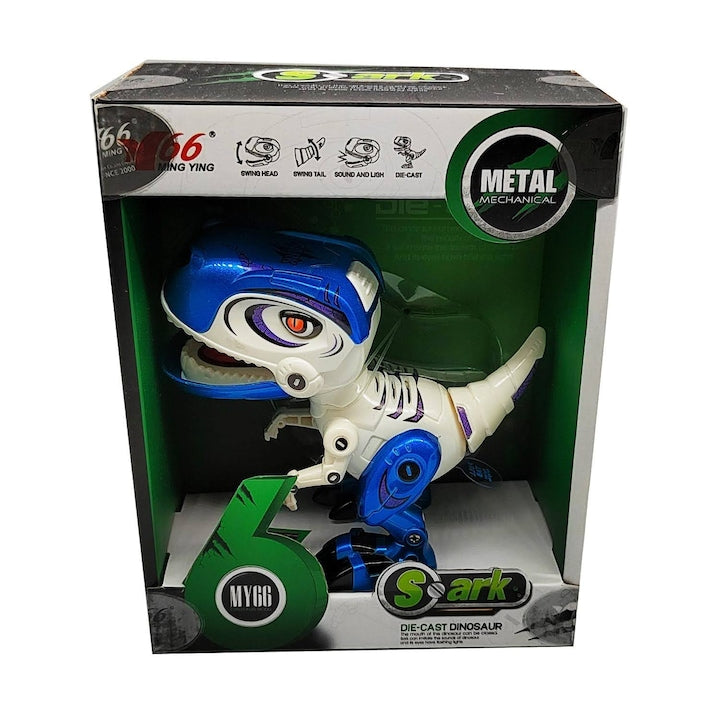Figurina Dinozaur din Metal si Plastic MY66series, Misca capul si coada, Lumini si sunete realistice, 12cm, albastru - xStoc