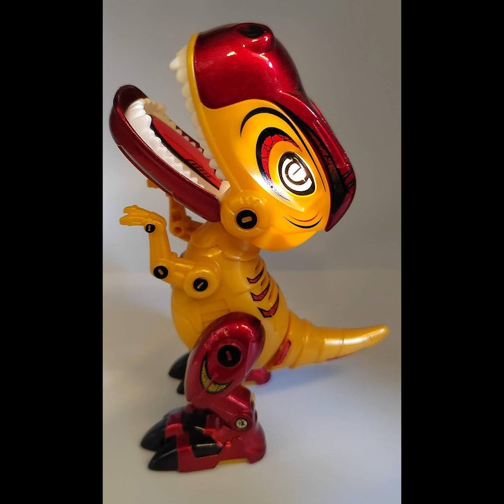 Figurina Dinozaur din Metal si Plastic MY66series, Misca capul si coada, Lumini si sunete realistice, 12cm, galben - xStoc