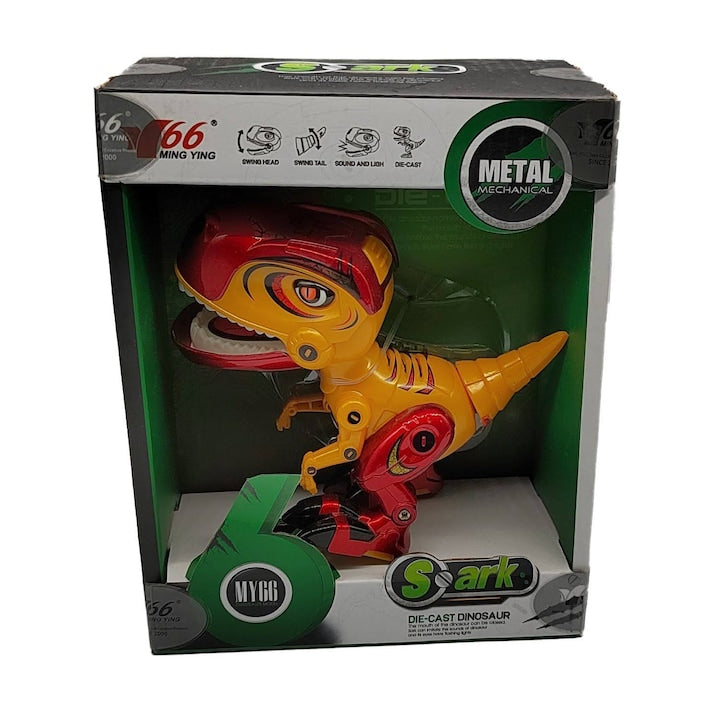 Figurina Dinozaur din Metal si Plastic MY66series, Misca capul si coada, Lumini si sunete realistice, 12cm, galben - xStoc