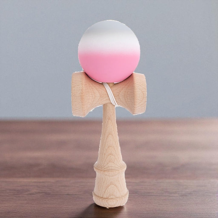 Jucarie Interactiva Kendama Profesionala Din Lemn, 18 Cm, Bila Cu Suprafata Antiderapanta, Joc De Indemanare Pentru Copii Si Adulti, Model Gradient, Culoare Gri/Alb/Roz