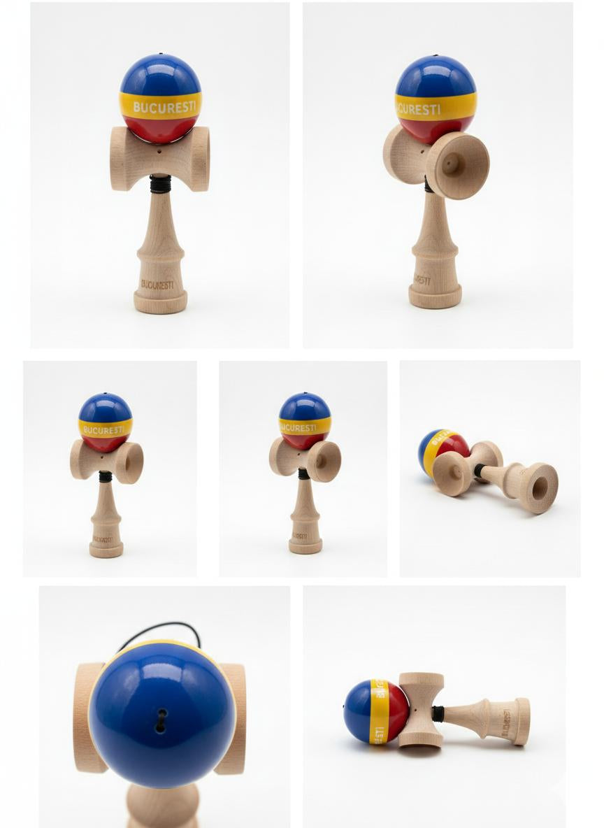 Kendama Profesionala, Tricolor Edition BUCURESTI, Super Sticky, Gaura in Baza, din Lemn 18 cm, Ata 55/60 cm, Multicolor