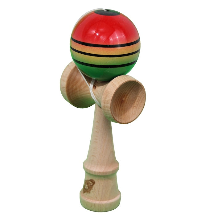 Kendama X Originala - Jucarie din Lemn, 18 cm, Model Rosu-Galben-Verde in Degrade