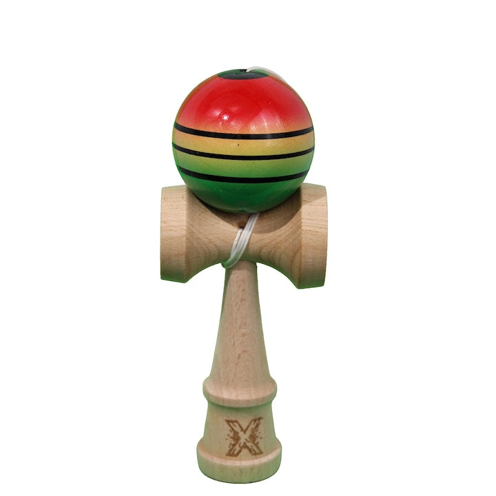 Kendama X Originala - Jucarie din Lemn, 18 cm, Model Rosu-Galben-Verde in Degrade