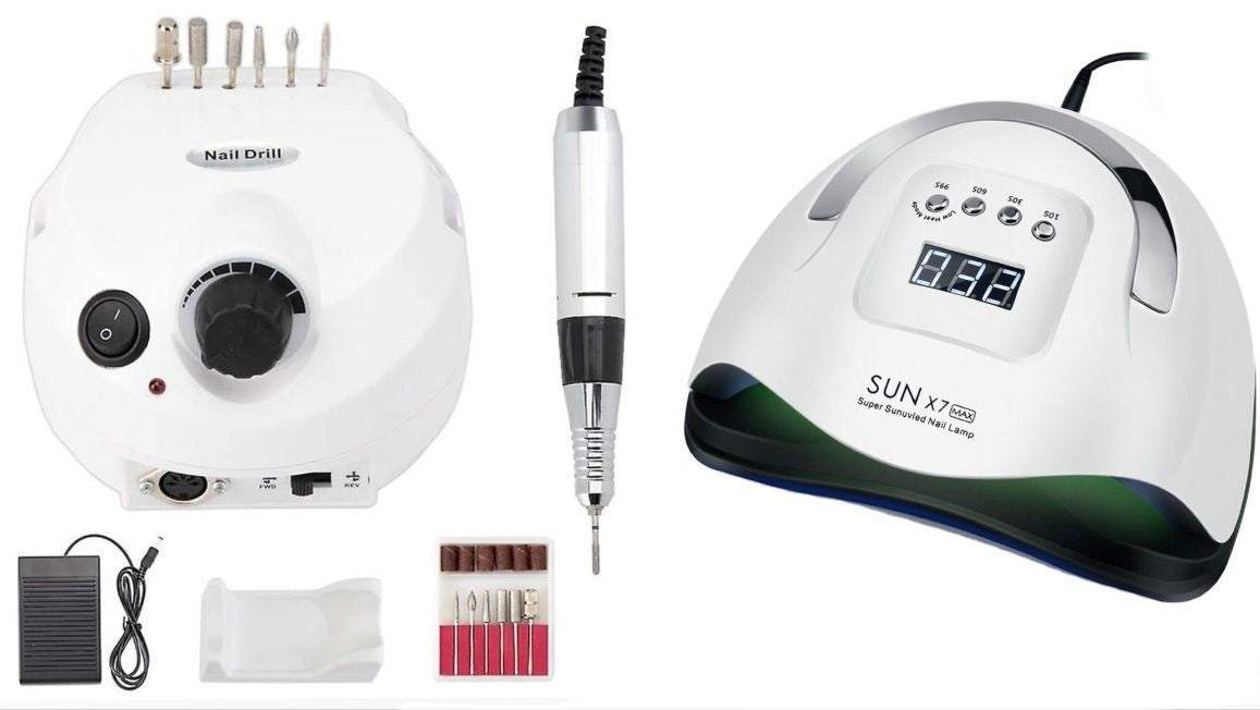 KIT UNGHII:Freza electrica unghii 202 profesionala, 35000 rotatii +Lampă LED/UV Profesională - SUN X7 MAX - 57 LED-uri, 150W