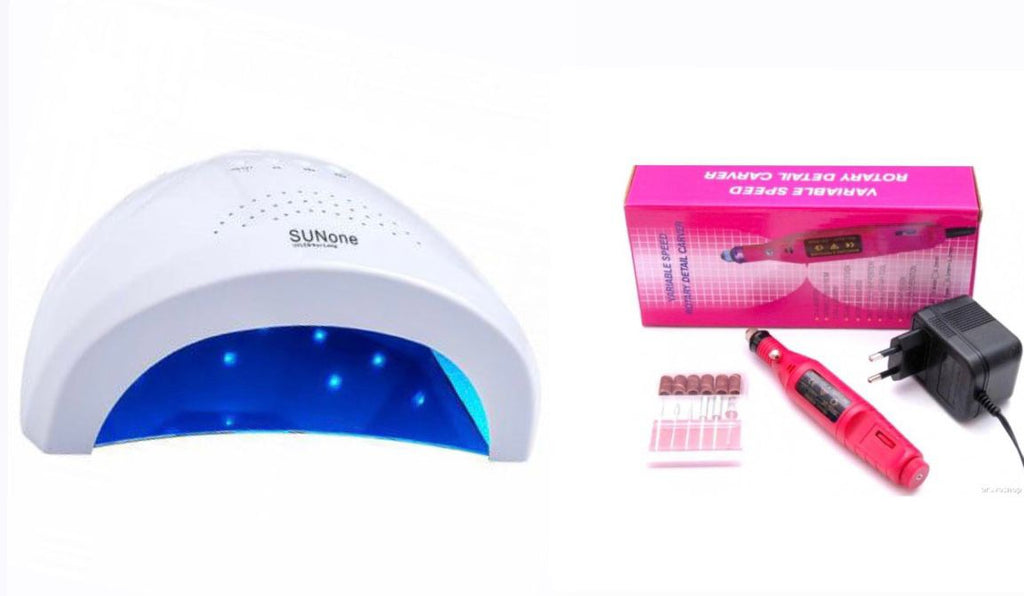 KIT UNGHII:Lampa UV-LED SUNone cu Senzor Timer 48 W+Pila electrica, freza unghii , roz, 13.000 rpm, 9 W