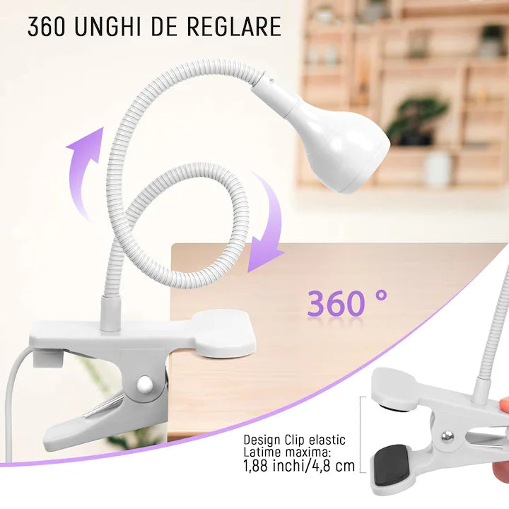 Lampa UV/LED mini Fast Lamp,360°unghi liber reglabil, Flexibila,3W, DC 3V, Pentru manichiura si pedichiura, Cablu USB negru de 1,5 metri cu buton ON/OFF, YQLAFT, Alb