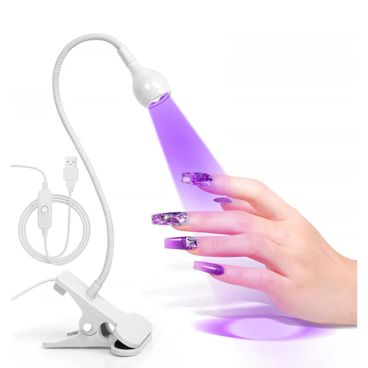 Lampa UV/LED mini Fast Lamp,360°unghi liber reglabil, Flexibila,3W, DC 3V, Pentru manichiura si pedichiura, Cablu USB negru de 1,5 metri cu buton ON/OFF, YQLAFT, Alb