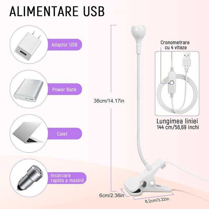 Lampa UV/LED mini Fast Lamp,360°unghi liber reglabil, Flexibila,3W, DC 3V, Pentru manichiura si pedichiura, Cablu USB negru de 1,5 metri cu buton ON/OFF, YQLAFT, Alb
