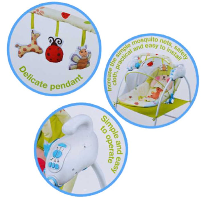 Leagan electric, multifunctional, Baby Cradle, muzical, cu vibratii si plasa anti-insecte, albastru, pentru bebelusi, + 0 Luni