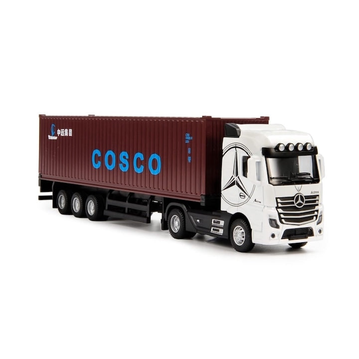 Macheta mecanica, Tir Mercedes Actros, container, leduri si sunete, scala 1/36, alb/maro, 30.5 cm