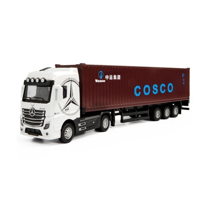 Macheta mecanica, Tir Mercedes Actros, container, leduri si sunete, scala 1/36, alb/maro, 30.5 cm
