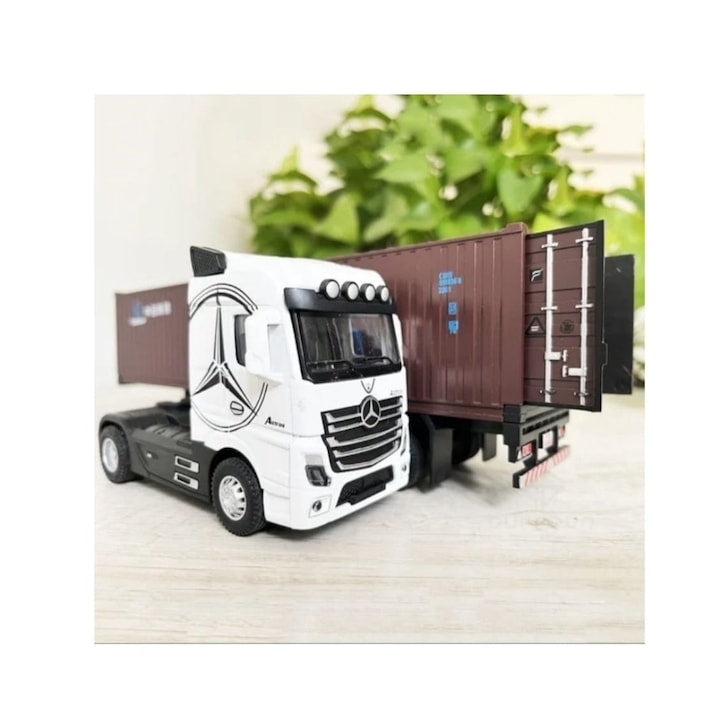 Macheta mecanica, Tir Mercedes Actros, container, leduri si sunete, scala 1/36, alb/maro, 30.5 cm