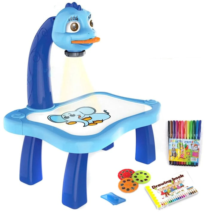 Masa de Desenat Educationala Pentru Copii, cu Proiector si Muzica, Set 12 Culori, Burete, 24 Imagini, Albastra, 38X25.5X9 cm