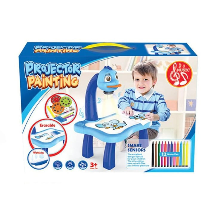 Masa de Desenat Educationala Pentru Copii, cu Proiector si Muzica, Set 12 Culori, Burete, 24 Imagini, Albastra, 38X25.5X9 cm