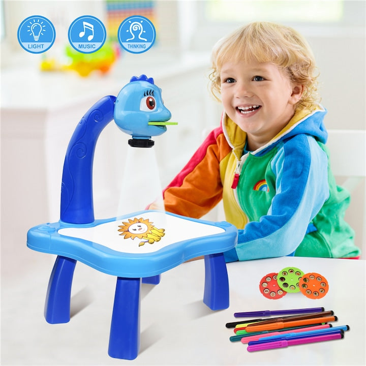 Masa de Desenat Educationala Pentru Copii, cu Proiector si Muzica, Set 12 Culori, Burete, 24 Imagini, Albastra, 38X25.5X9 cm