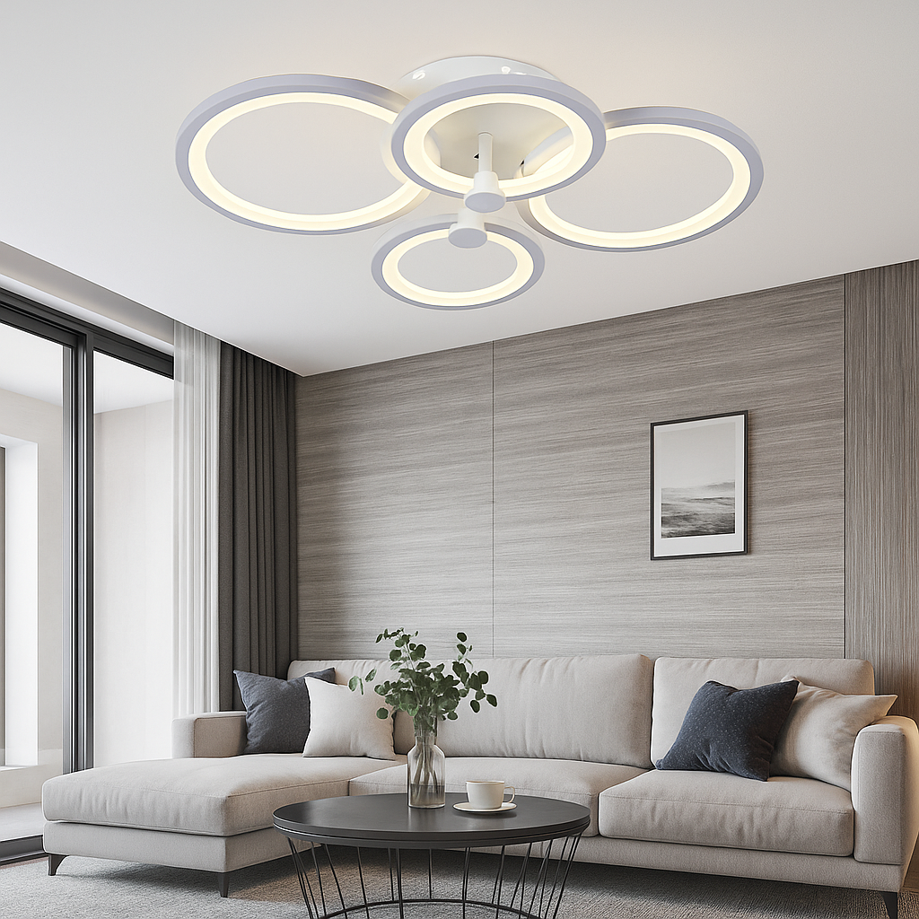 Plafonieră LED cu telecomandă 108W, design modern cu inele, lumină reglabilă 3000-6500K – model 8067/2+2WH