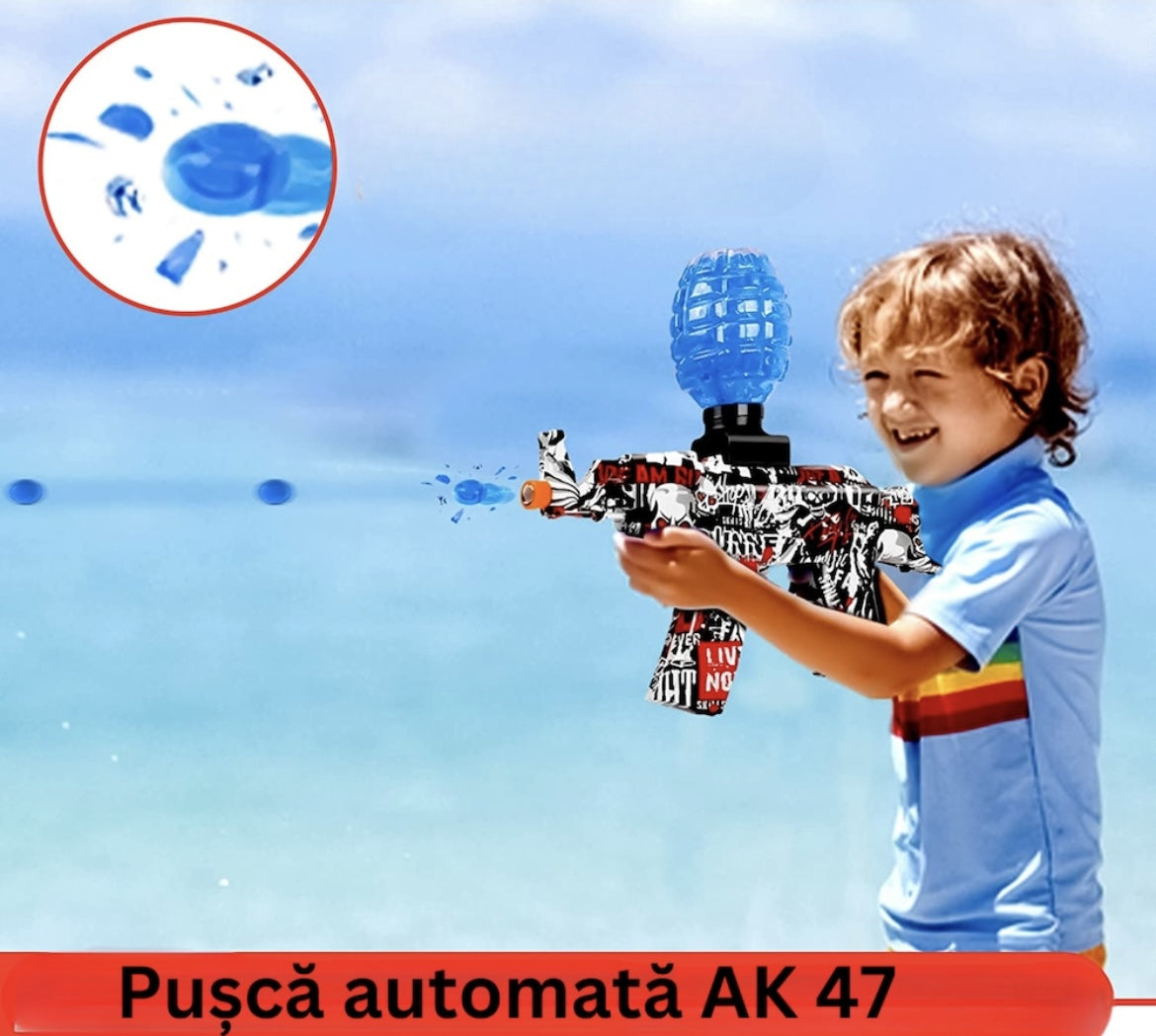 Pusca Automata de Jucarie, 5000 Bile din Gel 7-8 Mm, AK47, Ochelari de Protectie, Acumulator cu Incarcare USB, 31X7X28 Cm, + 14 Ani