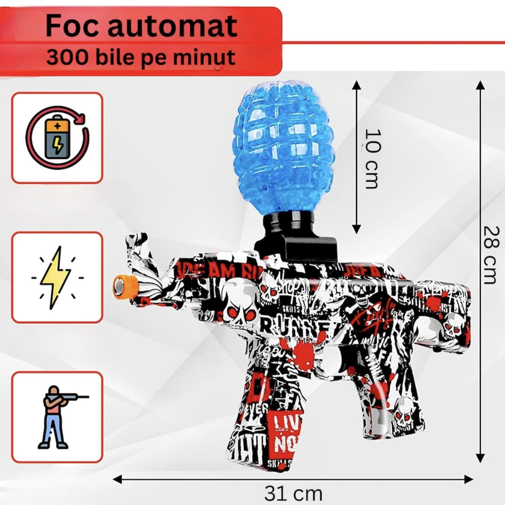 Pusca Automata de Jucarie, 5000 Bile din Gel 7-8 Mm, AK47, Ochelari de Protectie, Acumulator cu Incarcare USB, 31X7X28 Cm, + 14 Ani