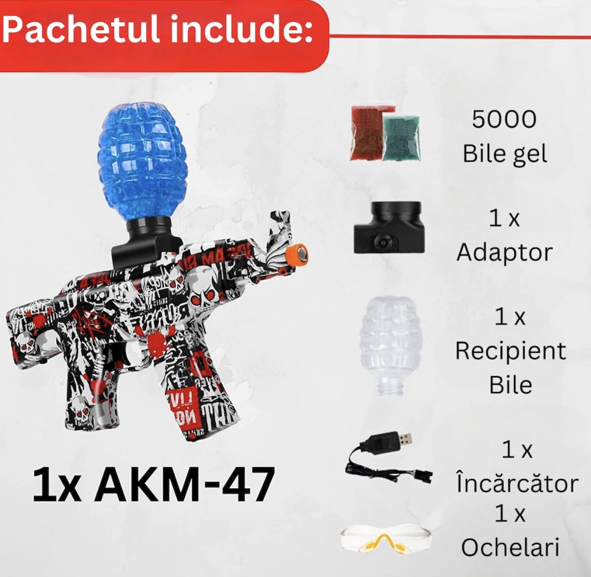 Pusca Automata de Jucarie, 5000 Bile din Gel 7-8 Mm, AK47, Ochelari de Protectie, Acumulator cu Incarcare USB, 31X7X28 Cm, + 14 Ani